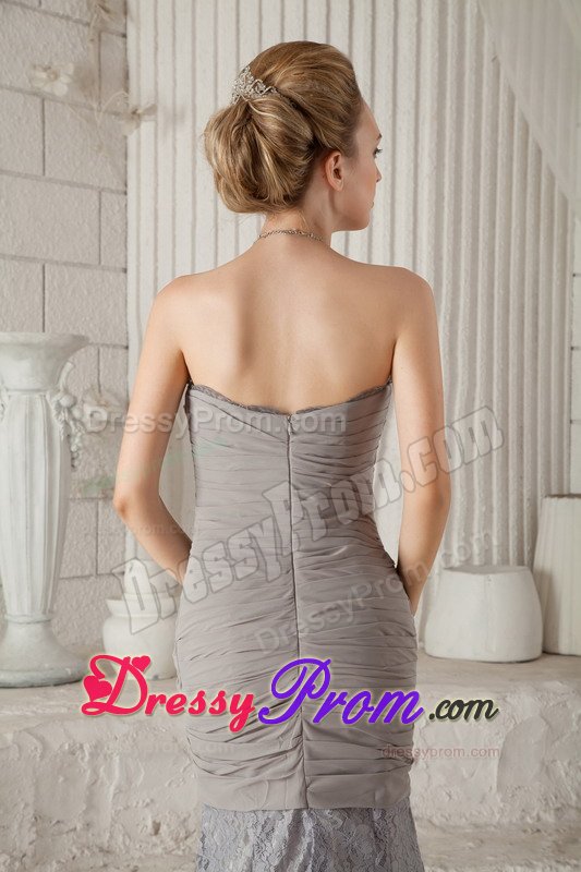 Lace Chiffon Court Train Ruched Gray Prom Dress on Promotion