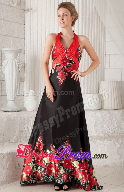 Brush Train Printing Black and Red Prom Dress with The Back Out