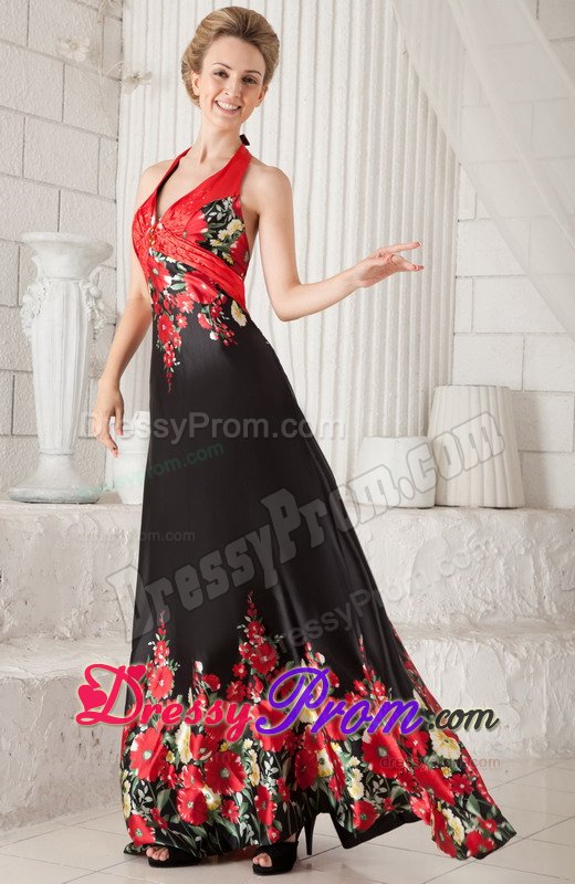 Brush Train Printing Black and Red Prom Dress with The Back Out