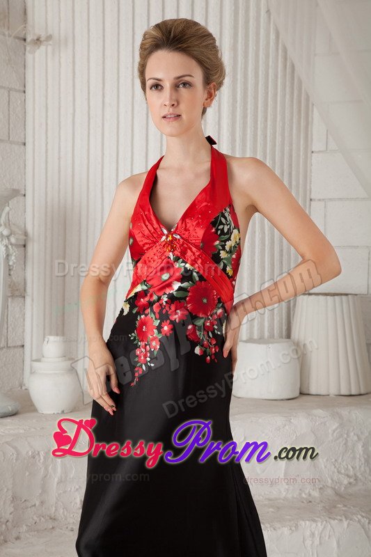 Brush Train Printing Black and Red Prom Dress with The Back Out