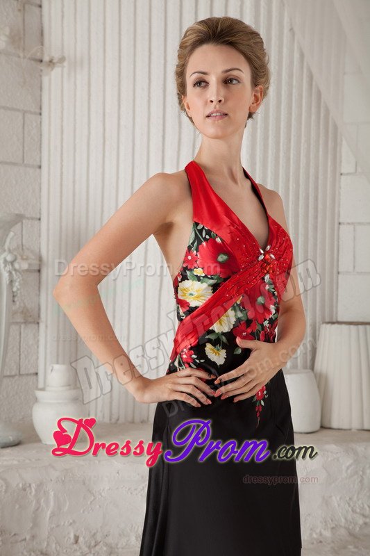 Brush Train Printing Black and Red Prom Dress with The Back Out