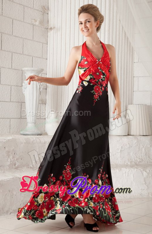 Brush Train Printing Black and Red Prom Dress with The Back Out