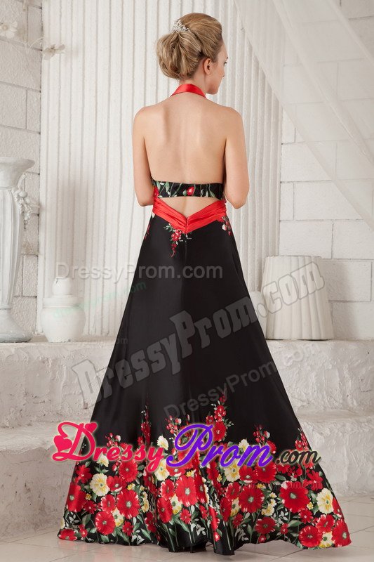 Brush Train Printing Black and Red Prom Dress with The Back Out