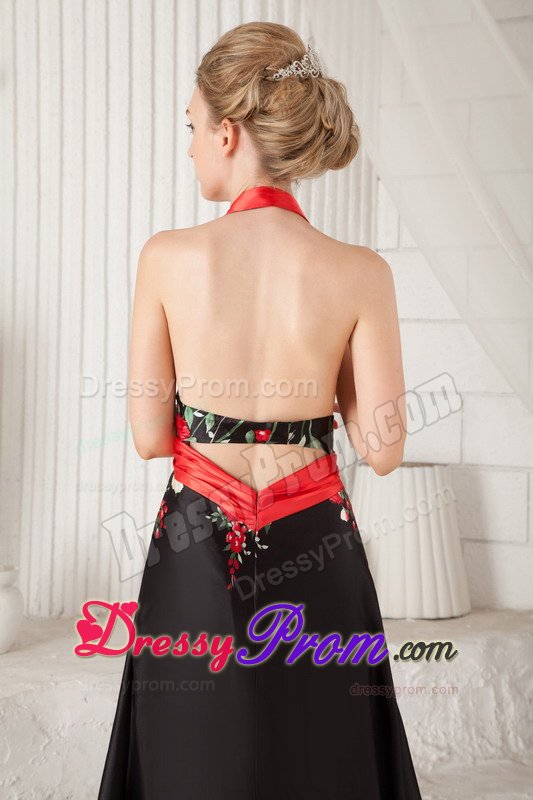 Brush Train Printing Black and Red Prom Dress with The Back Out