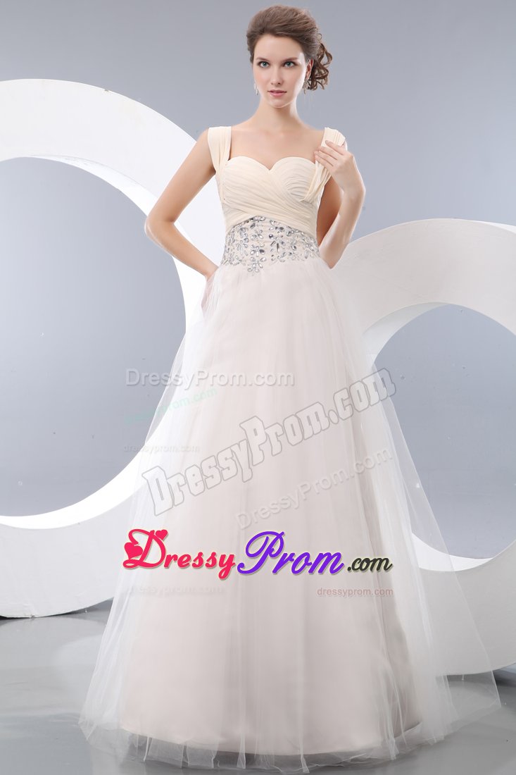Plus Size Straps White Ruched Dress for Prom with Rhinestones