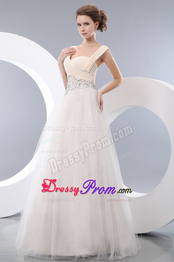 Plus Size Straps White Ruched Dress for Prom with Rhinestones