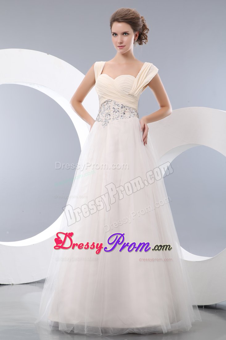 Plus Size Straps White Ruched Dress for Prom with Rhinestones