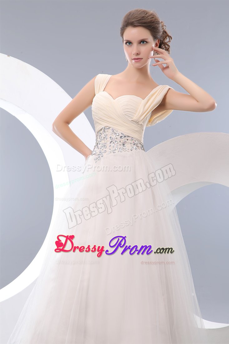 Plus Size Straps White Ruched Dress for Prom with Rhinestones