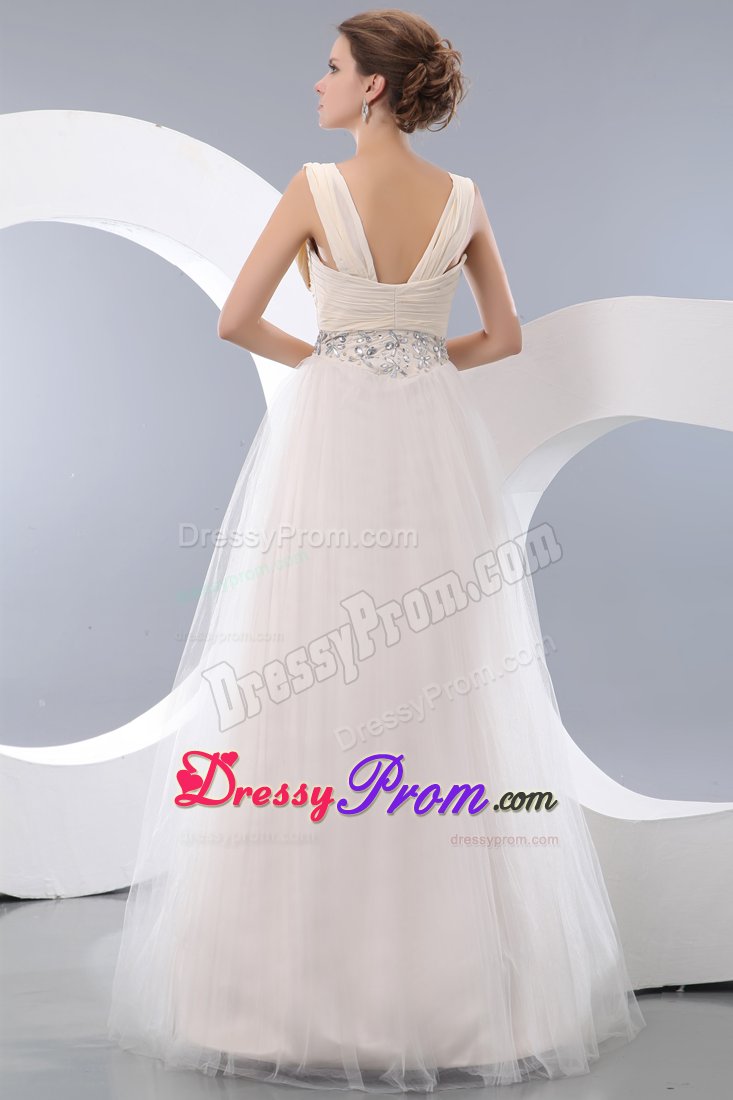 Plus Size Straps White Ruched Dress for Prom with Rhinestones