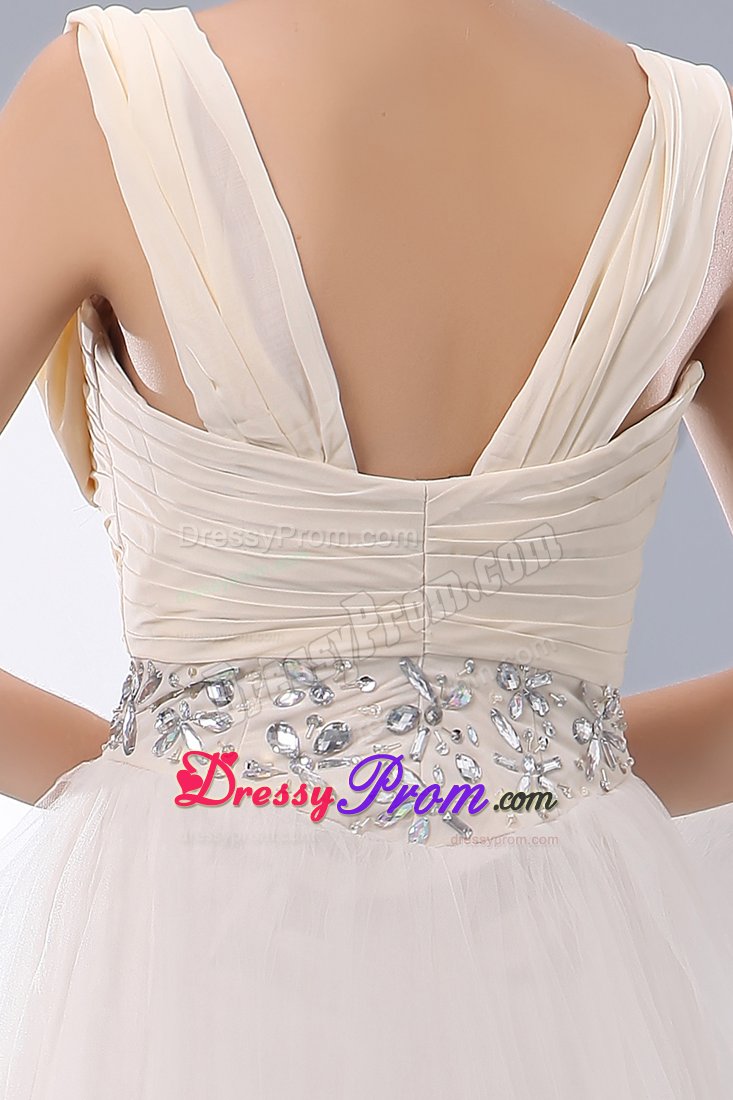 Plus Size Straps White Ruched Dress for Prom with Rhinestones