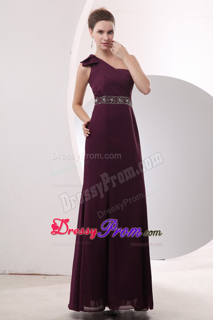 Chiffon Single Shoulder Prom Gown with Beading Sash in Burgundy