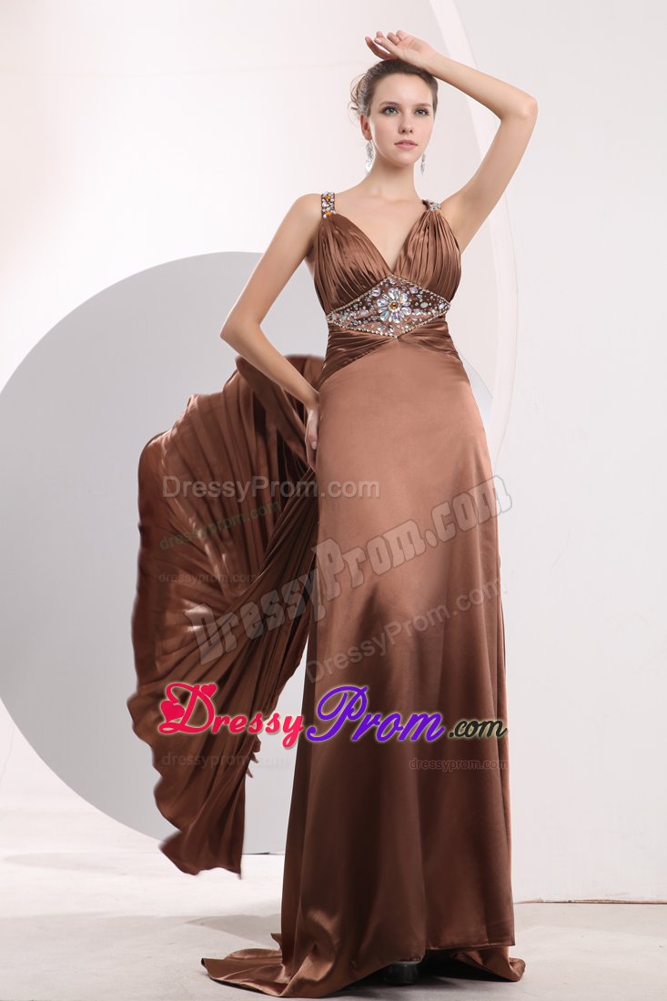 Trendy Brown Straps Beaded Prom Gown Dress with Watteau Train