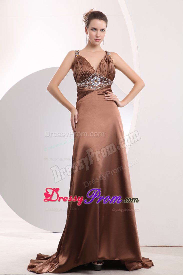 Trendy Brown Straps Beaded Prom Gown Dress with Watteau Train