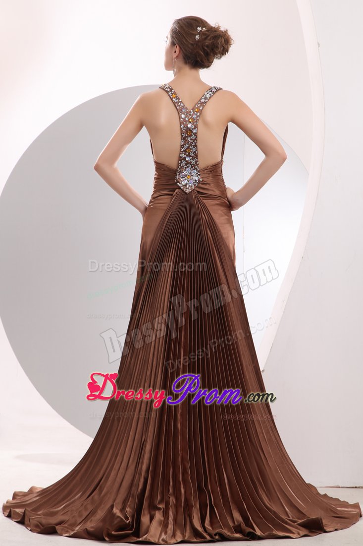 Trendy Brown Straps Beaded Prom Gown Dress with Watteau Train
