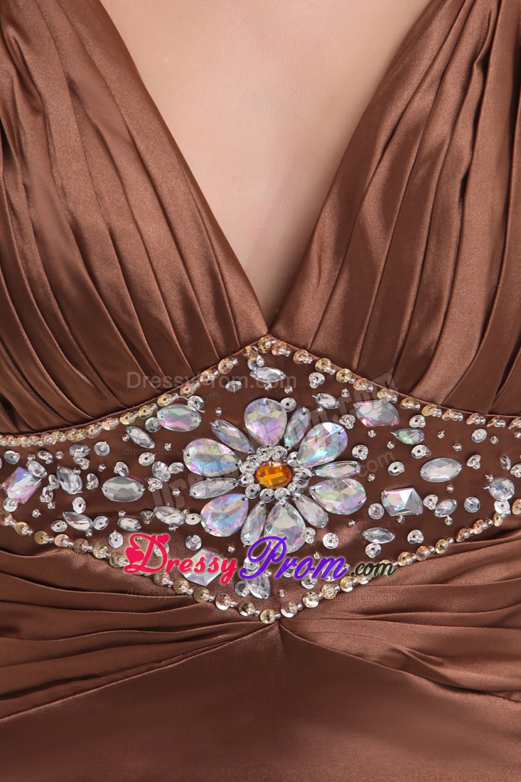 Trendy Brown Straps Beaded Prom Gown Dress with Watteau Train