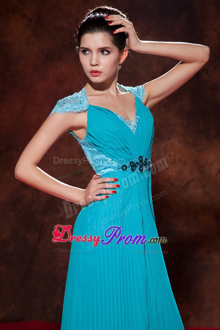 Beautiful Lace Decorated Beading Pleat Prom Formal Dress V-neck
