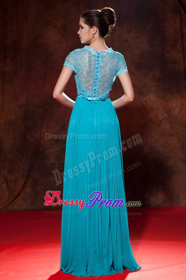Beautiful Lace Decorated Beading Pleat Prom Formal Dress V-neck