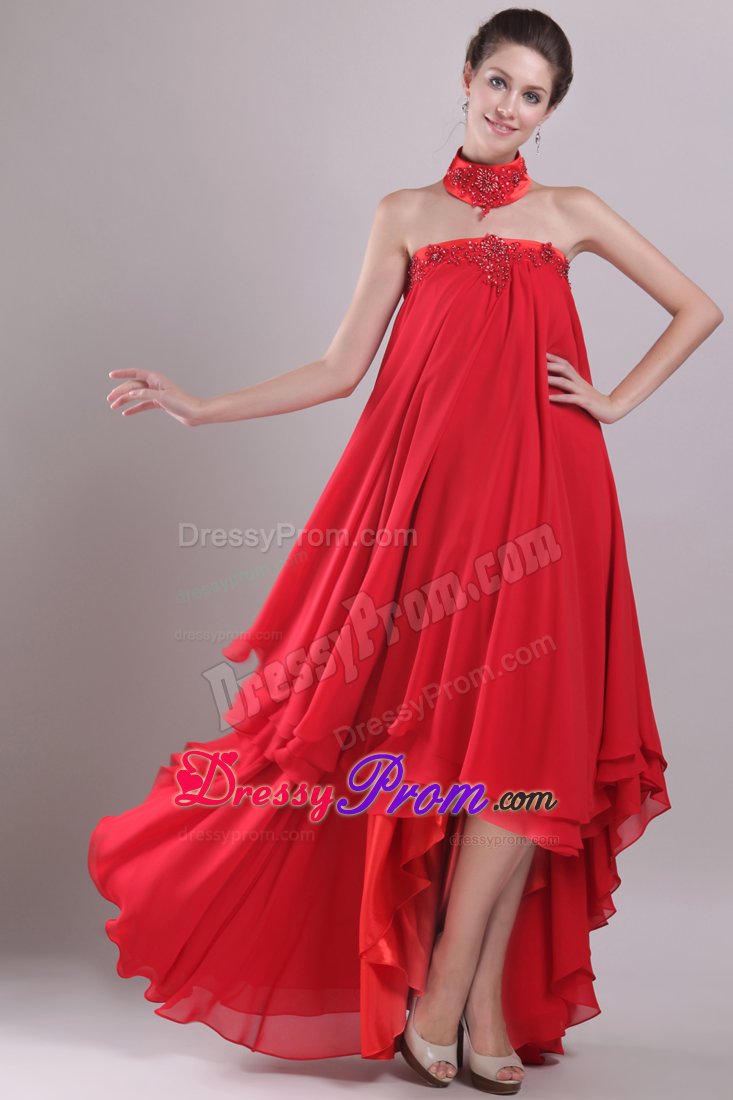 High-low Strapless Appliqued Beaded Red Prom Maxi Dress