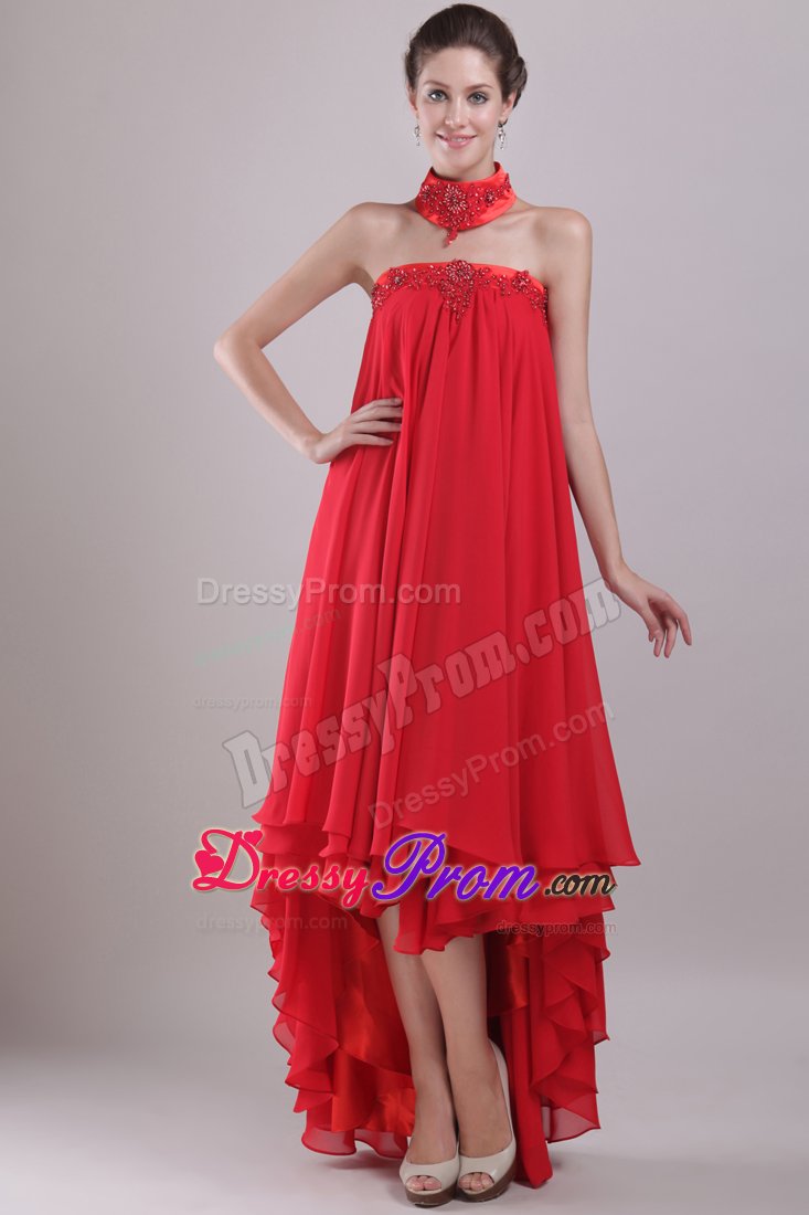 High-low Strapless Appliqued Beaded Red Prom Maxi Dress