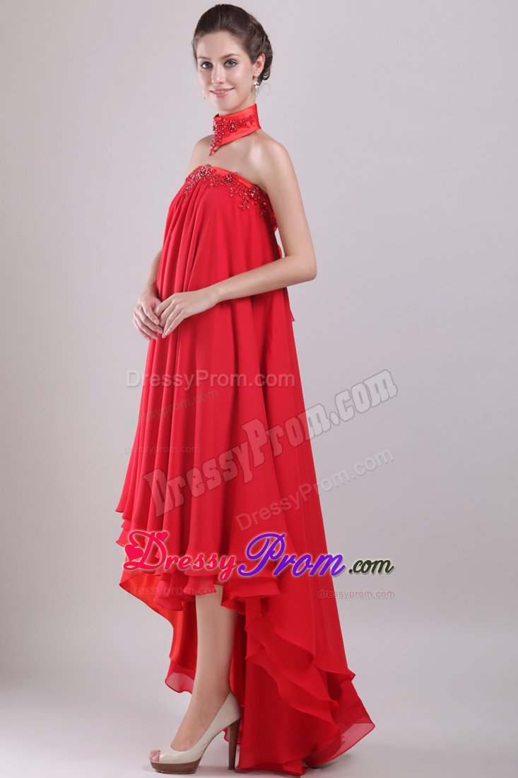 High-low Strapless Appliqued Beaded Red Prom Maxi Dress