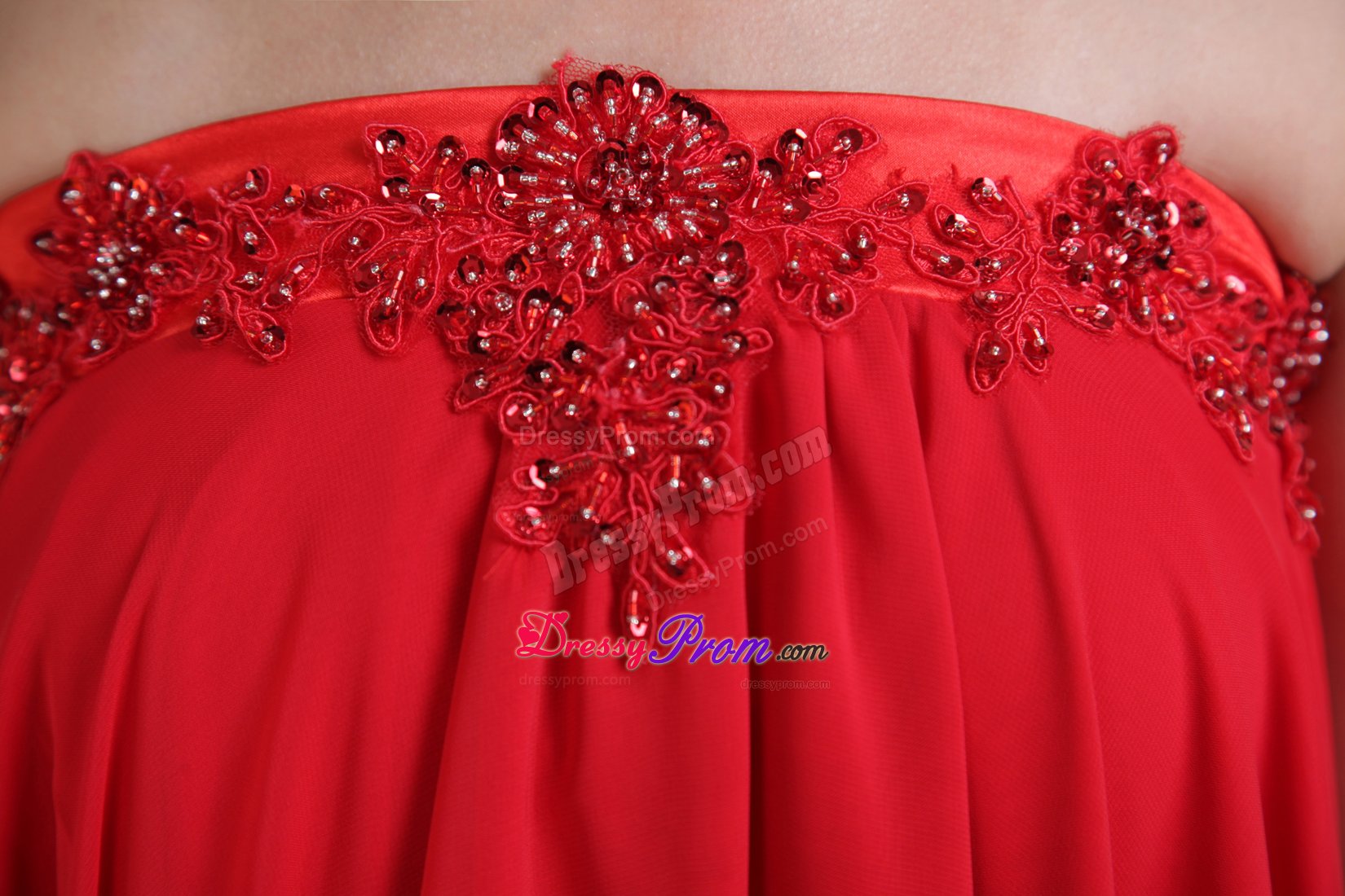 High-low Strapless Appliqued Beaded Red Prom Maxi Dress