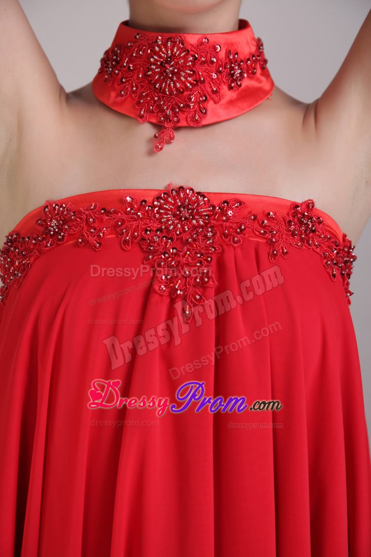 High-low Strapless Appliqued Beaded Red Prom Maxi Dress