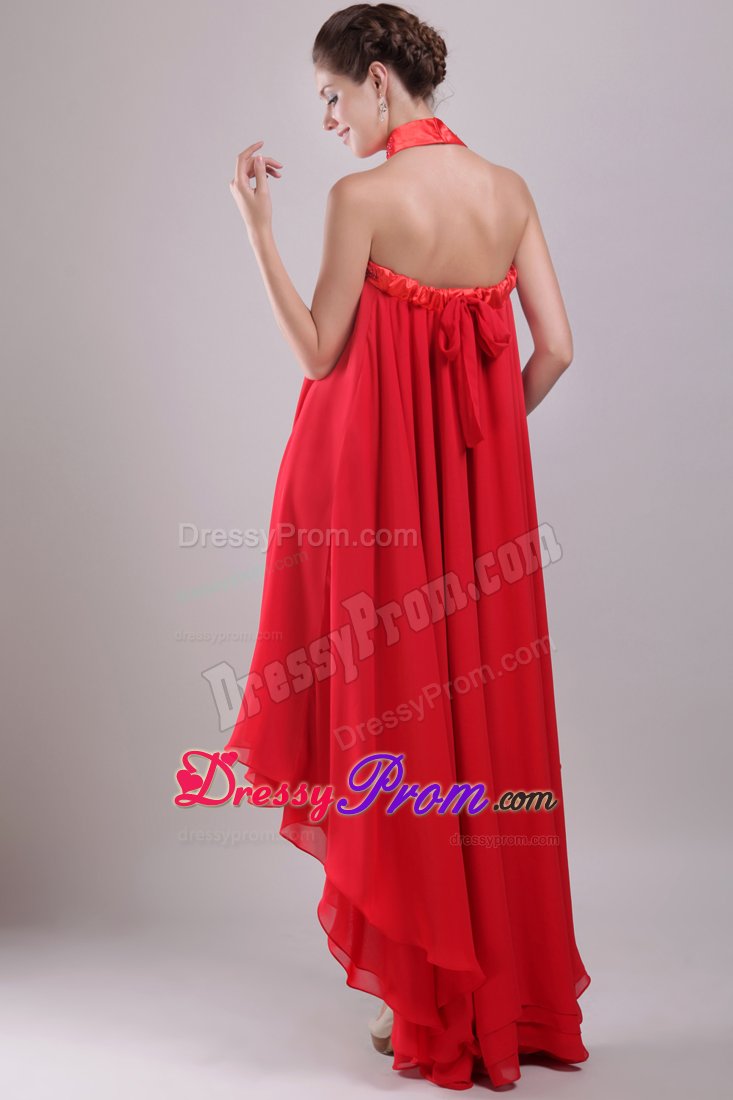 High-low Strapless Appliqued Beaded Red Prom Maxi Dress