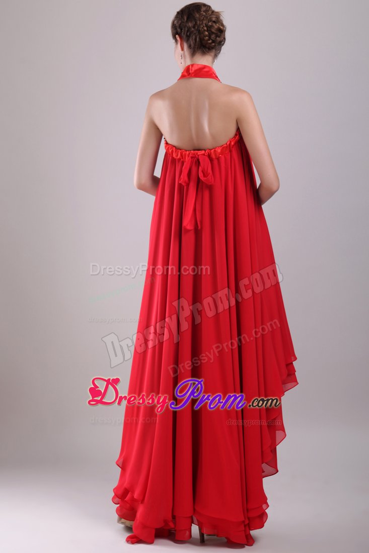 High-low Strapless Appliqued Beaded Red Prom Maxi Dress