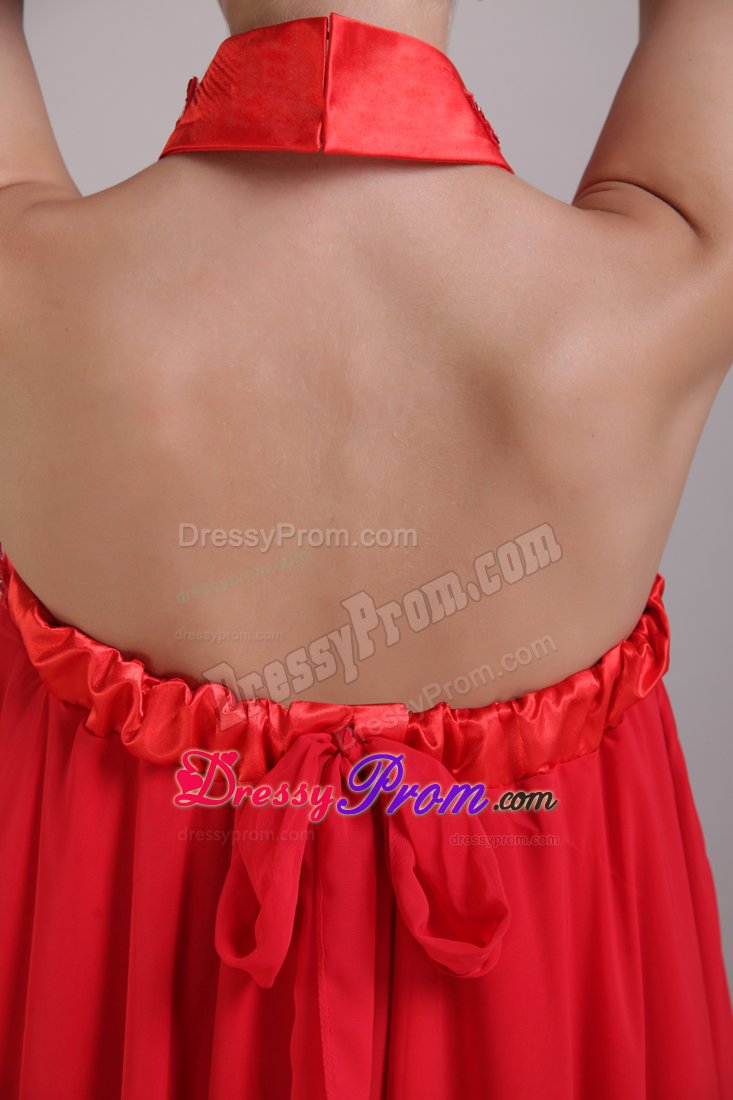 High-low Strapless Appliqued Beaded Red Prom Maxi Dress