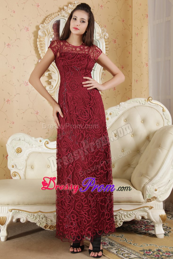 Bateau Neck Short Sleeves Wine Red Prom Dresses Special Fabric