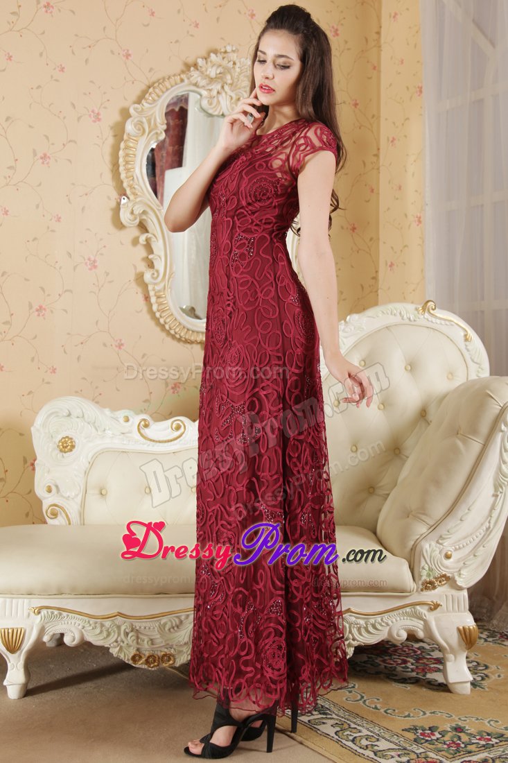 Bateau Neck Short Sleeves Wine Red Prom Dresses Special Fabric
