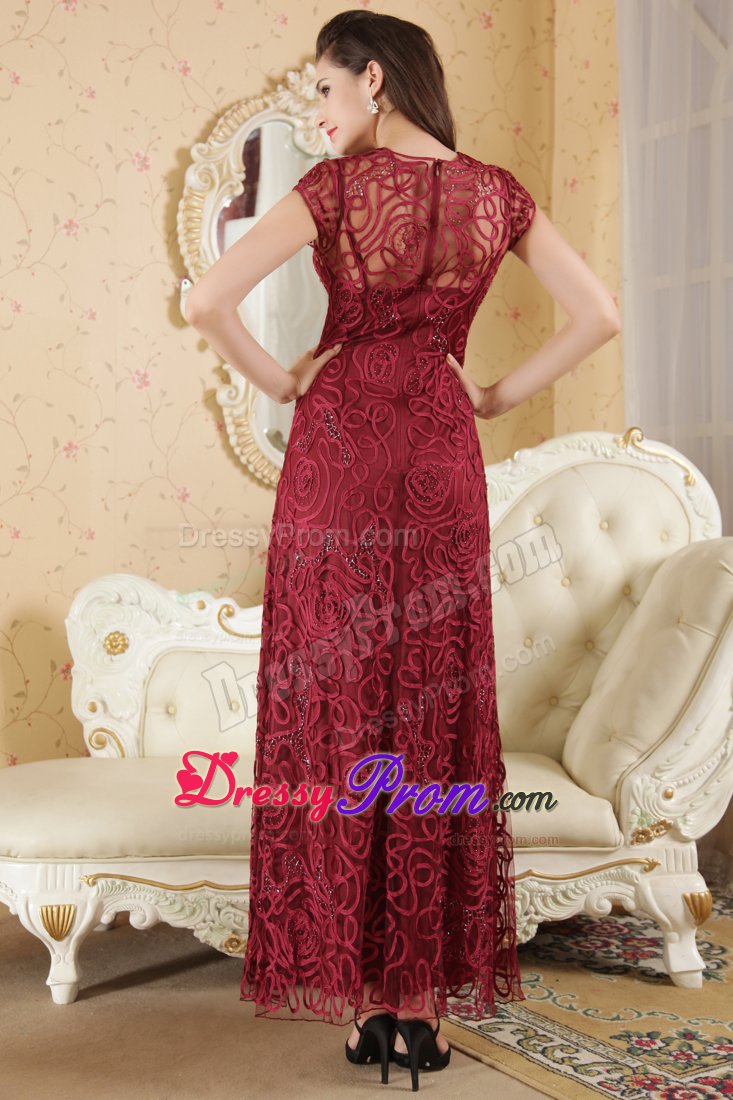 Bateau Neck Short Sleeves Wine Red Prom Dresses Special Fabric