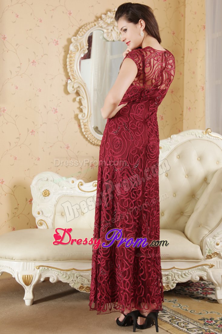 Bateau Neck Short Sleeves Wine Red Prom Dresses Special Fabric