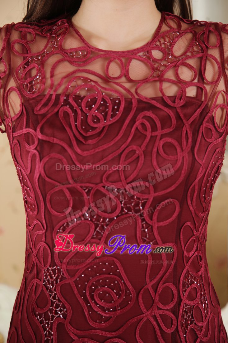 Bateau Neck Short Sleeves Wine Red Prom Dresses Special Fabric