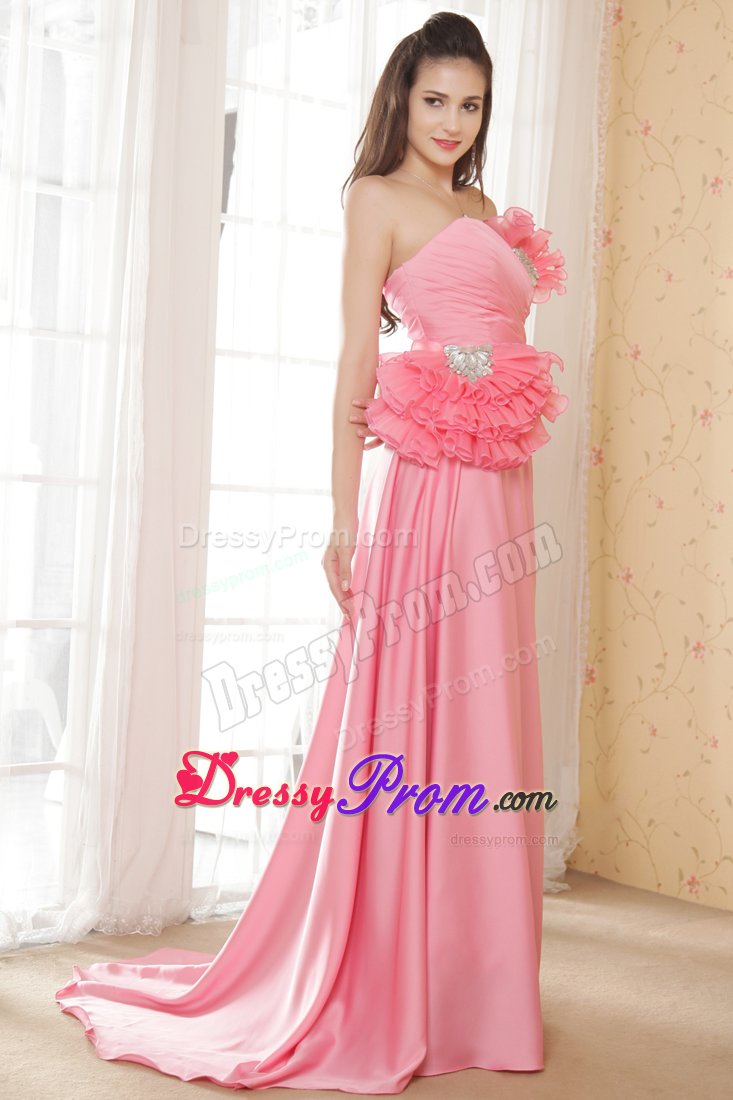 Chiffon Brush Train Watermelon Dress for Prom with Rhinestones