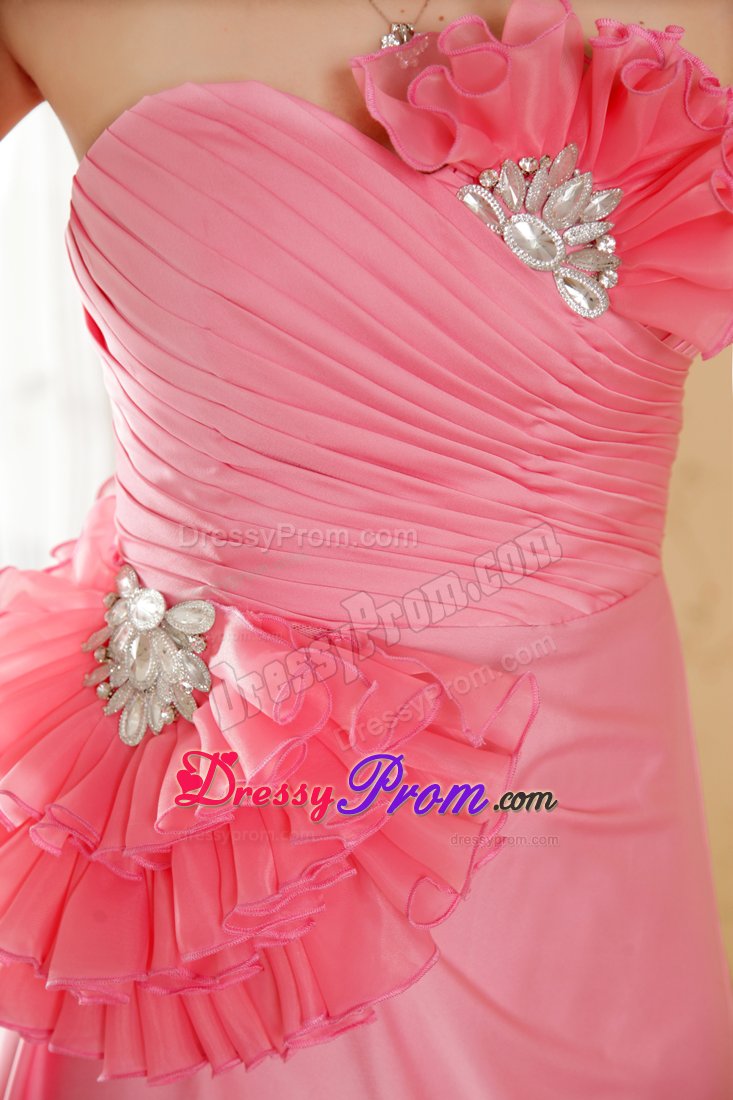 Chiffon Brush Train Watermelon Dress for Prom with Rhinestones