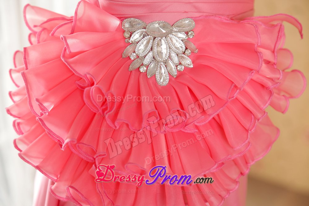 Chiffon Brush Train Watermelon Dress for Prom with Rhinestones