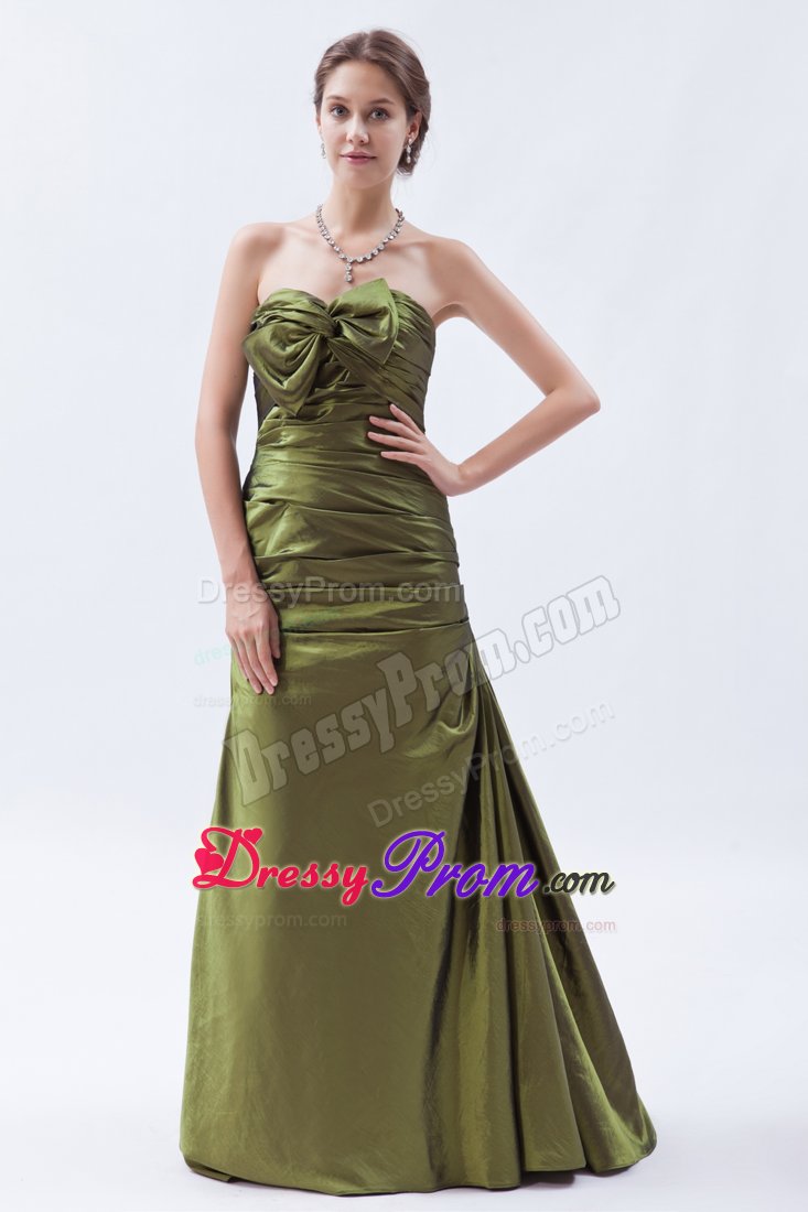 Strapless Prom Cocktail Dress in Olive Green with Bow and Ruches