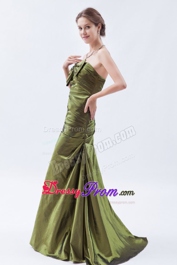 Strapless Prom Cocktail Dress in Olive Green with Bow and Ruches