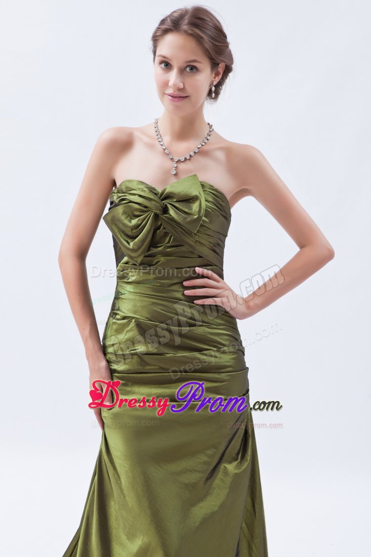 Strapless Prom Cocktail Dress in Olive Green with Bow and Ruches