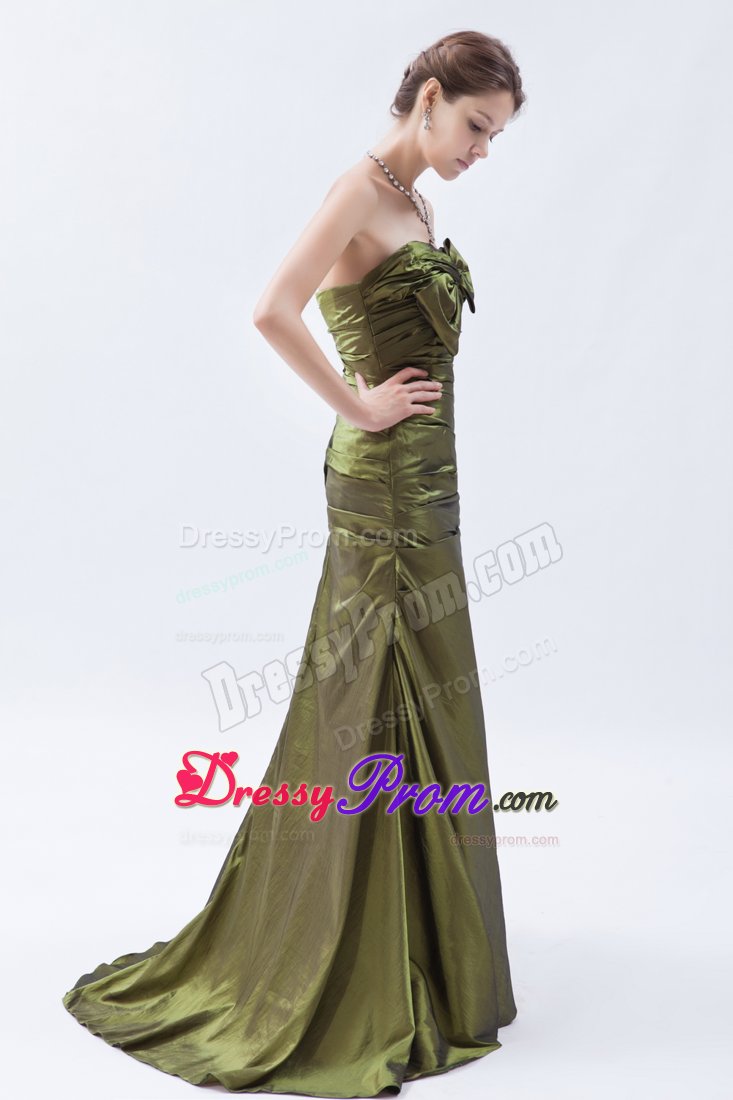 Strapless Prom Cocktail Dress in Olive Green with Bow and Ruches