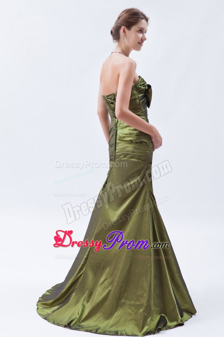 Strapless Prom Cocktail Dress in Olive Green with Bow and Ruches