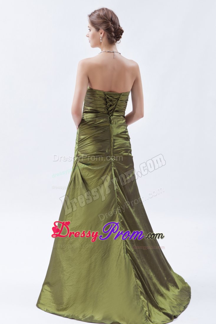 Strapless Prom Cocktail Dress in Olive Green with Bow and Ruches
