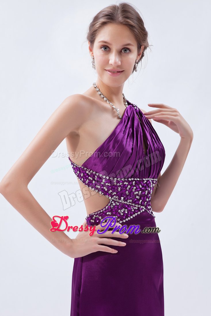 Elegant Purple One Shoulder Beaded Prom Dress with the Back out
