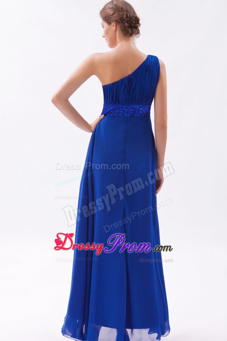 Blue Single Shoulder Ruches Prom Gown Dress with Beaded Sash