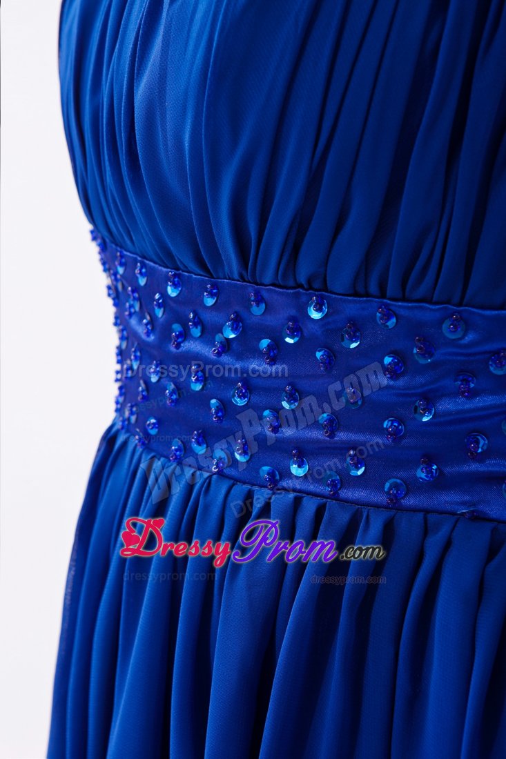 Blue Single Shoulder Ruches Prom Gown Dress with Beaded Sash