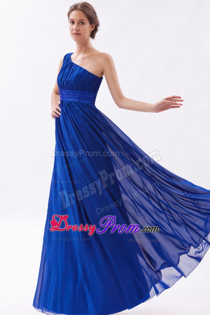 Blue Single Shoulder Ruches Prom Gown Dress with Beaded Sash