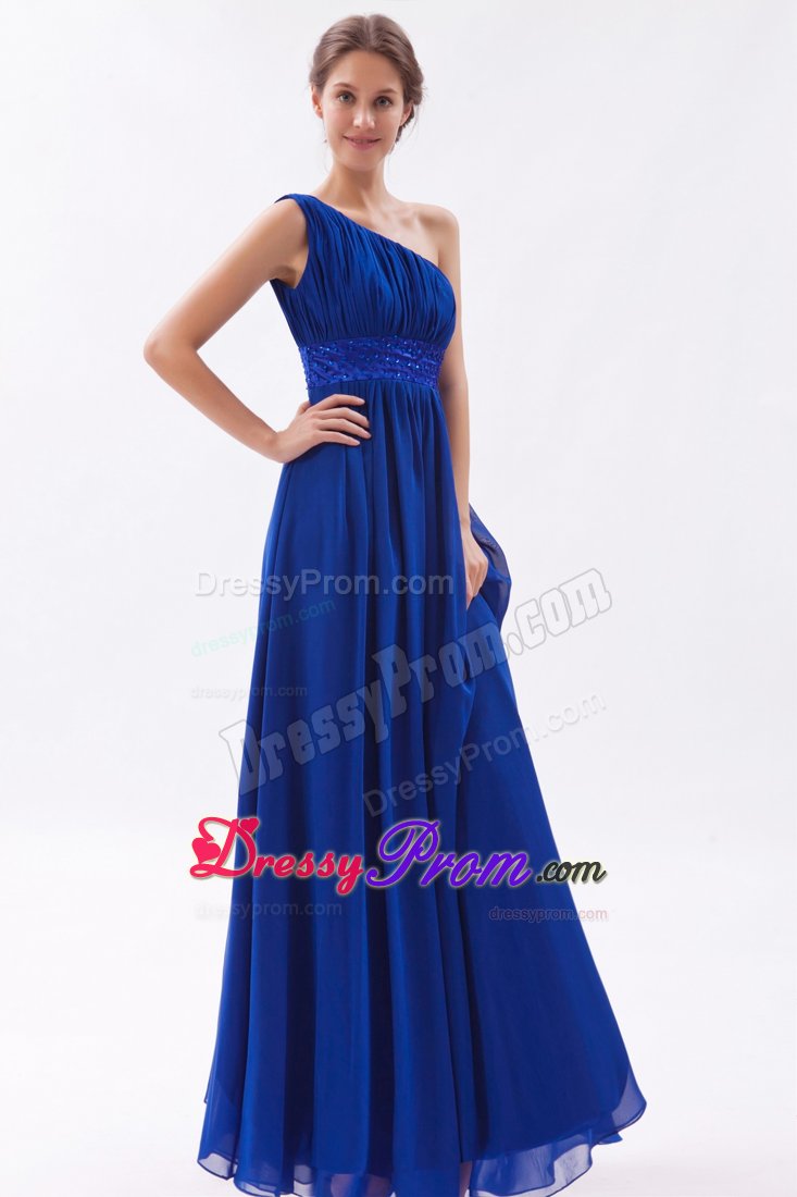 Blue Single Shoulder Ruches Prom Gown Dress with Beaded Sash