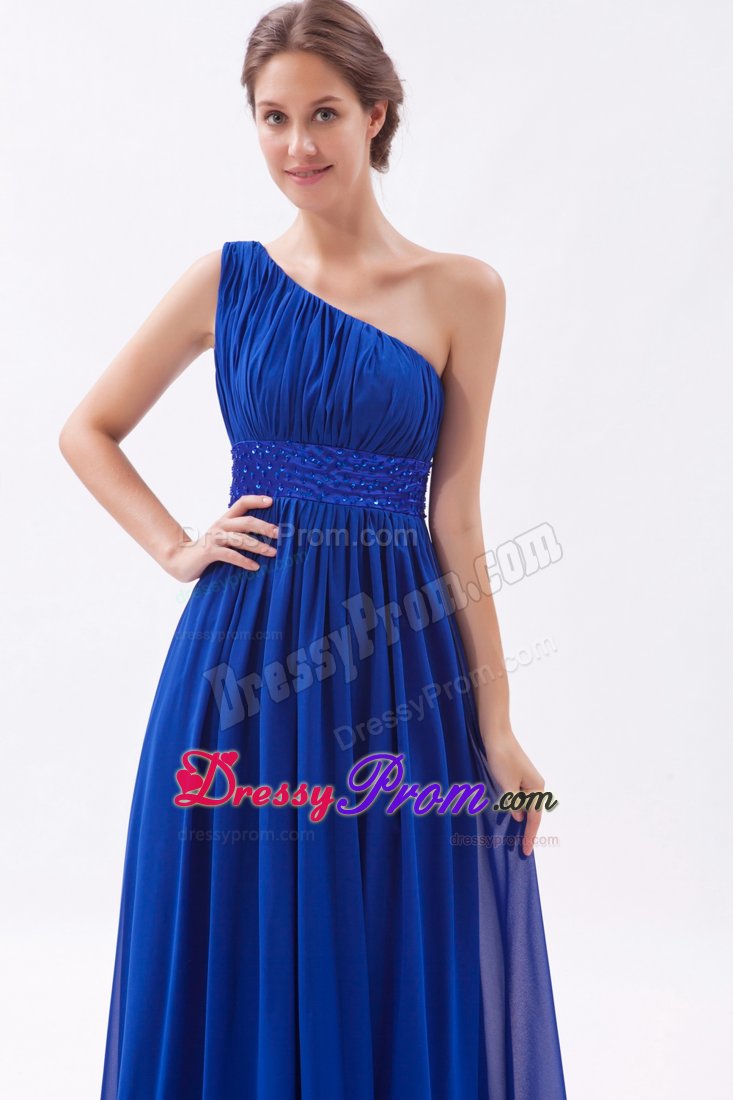 Blue Single Shoulder Ruches Prom Gown Dress with Beaded Sash