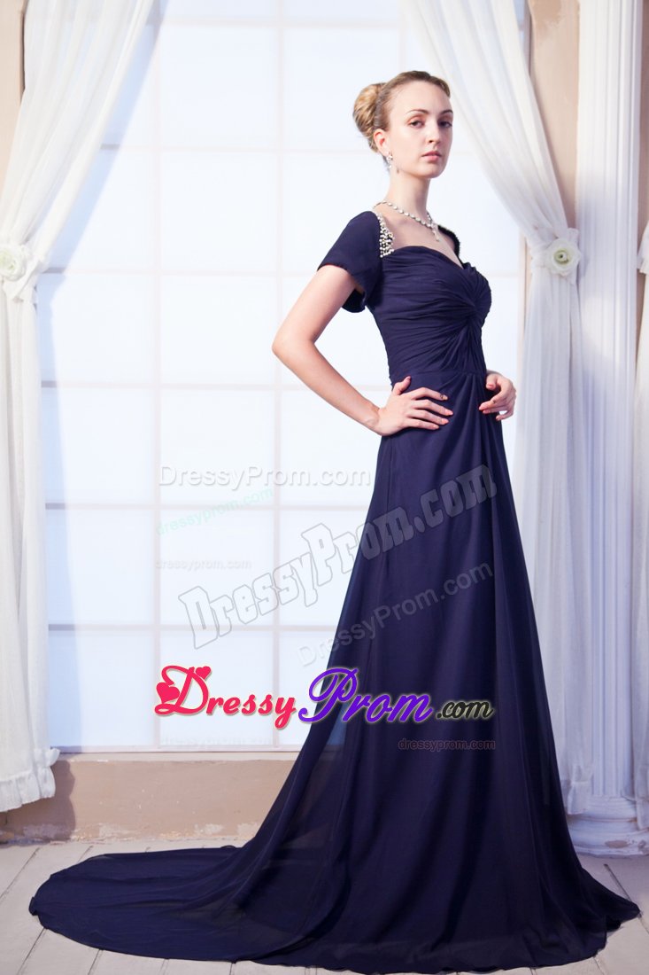 Beaded and Ruched Prom Celebrity Dress Sweep Train in Navy Blue